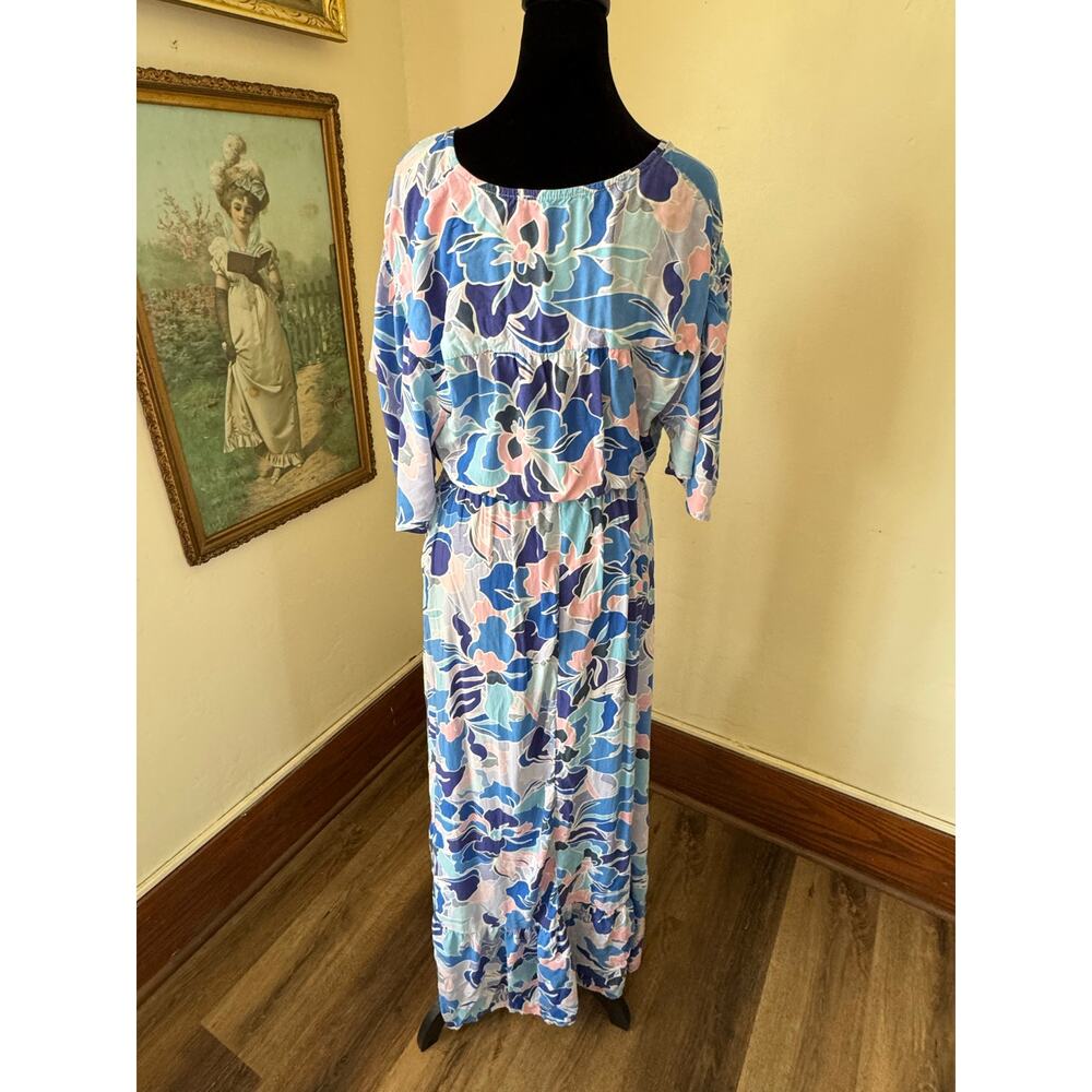 Abel The Label Blue Floral Maxi Dress Smocked Waist Button Front Boho M - Picture 3 of 10
